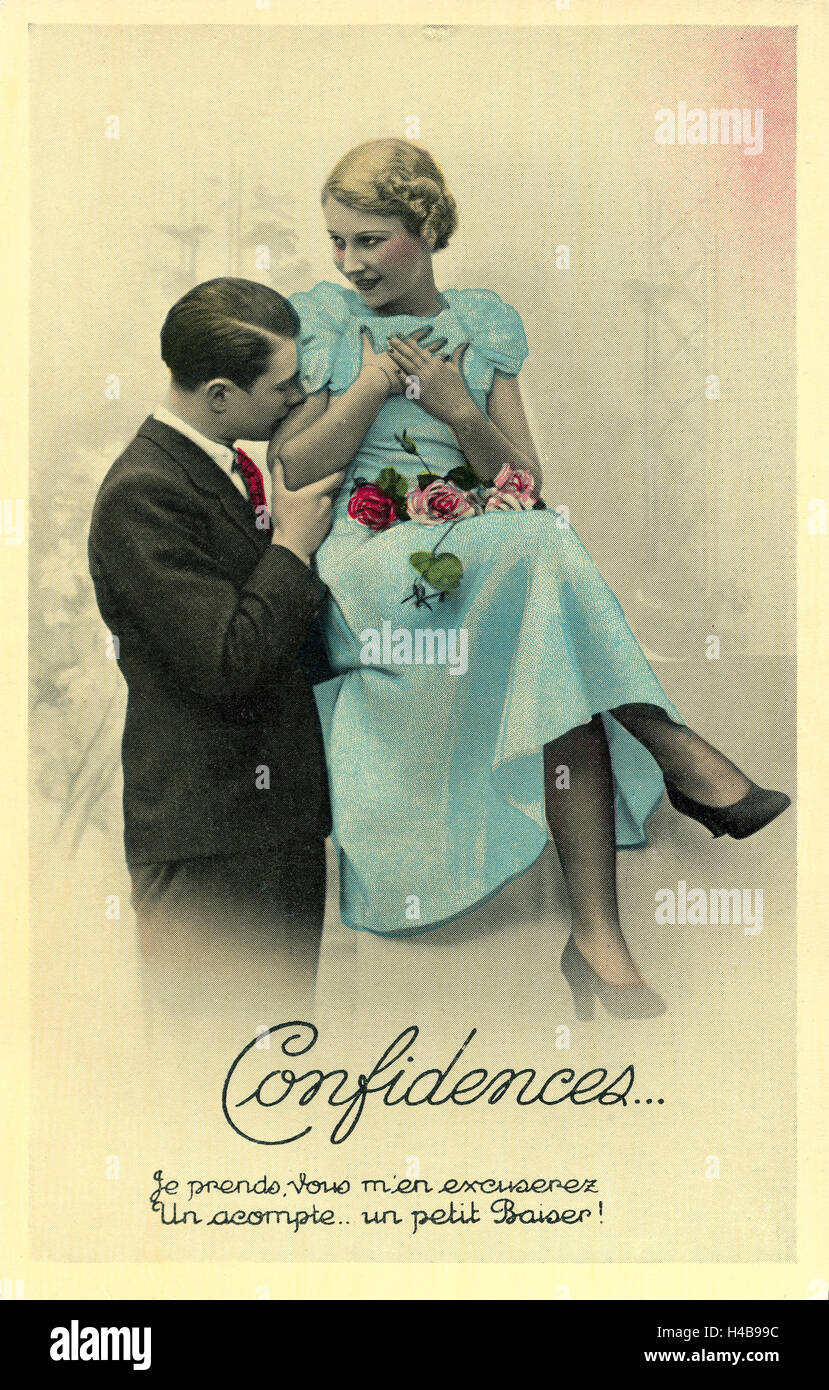 Postcard, historical, couple in love, tenderness, kiss, Stock Photo
