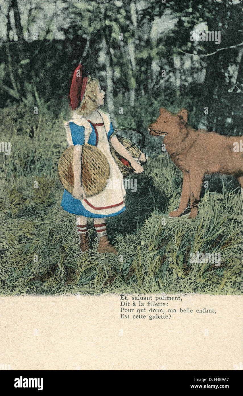 Postcard, historical, Red Riding Hood and the bad wolf, Stock Photo