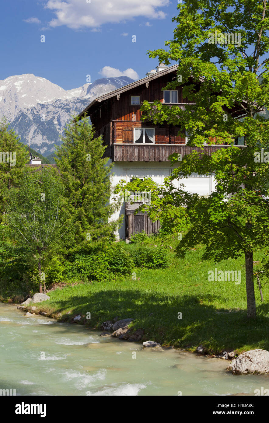 Farmhouse in Ramsau, high Göll, Ramsauer Ache, Berchtesgadener Land district, Bavaria, Germany Stock Photo