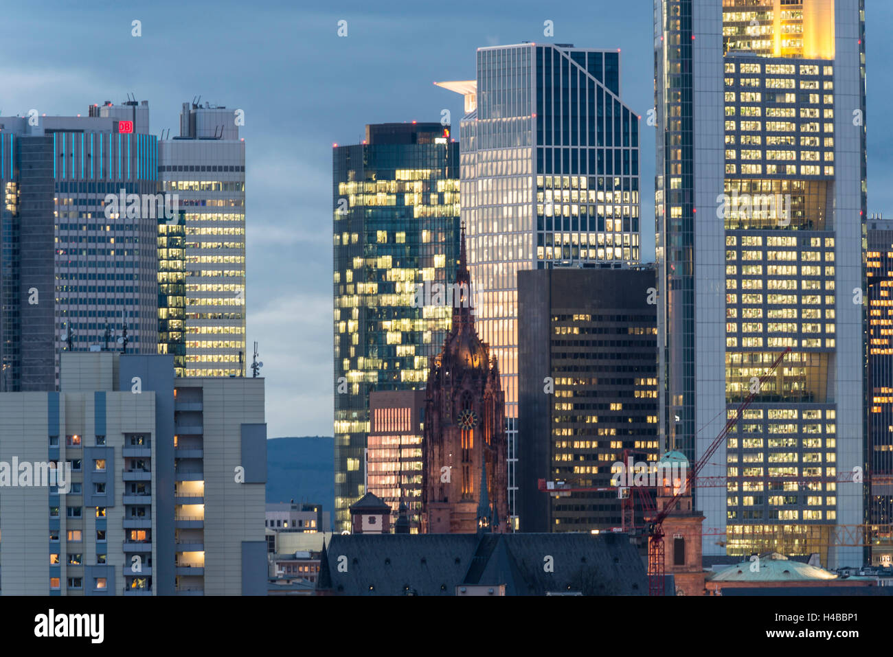 Frankfurt financial district at dusk Stock Photo