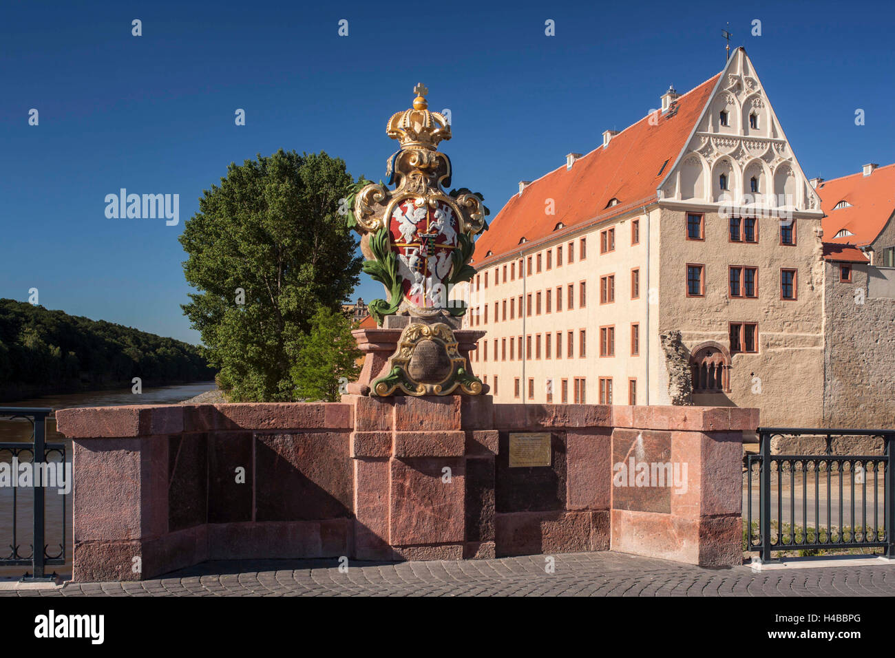 Germany, Saxony, Grimma, coat of arms in stone on the Pöppelmannbrücke Stock Photo