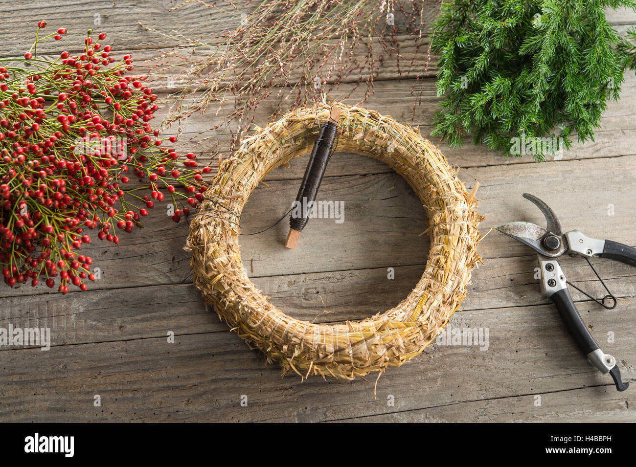 Autumn Wreath items on wooden plate, binding tool, based on straw wreath, juniper (Juniperus), rose hip (Rosa canina) Stock Photo