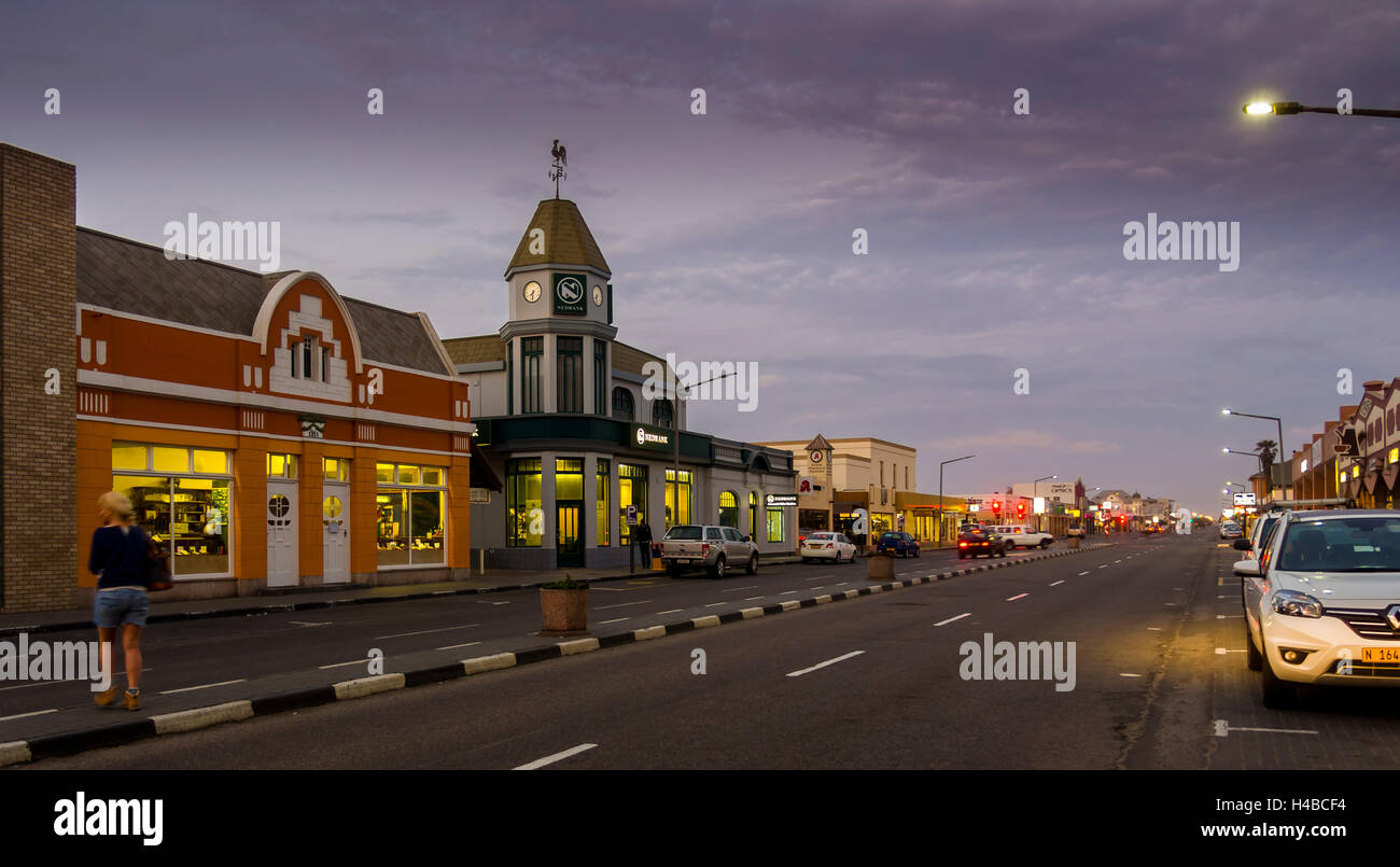 Street, Theo Ben Guriab Ave at dusk, Swakopmund, Erongo Region, Namibia Stock Photo