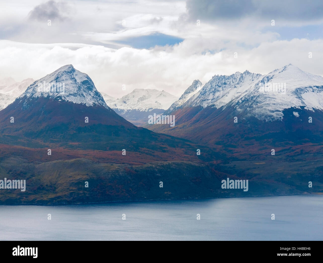 Beautiful landscape of snowcap mountains with autumn colors near Ushuaia, Argentina, South America Stock Photo