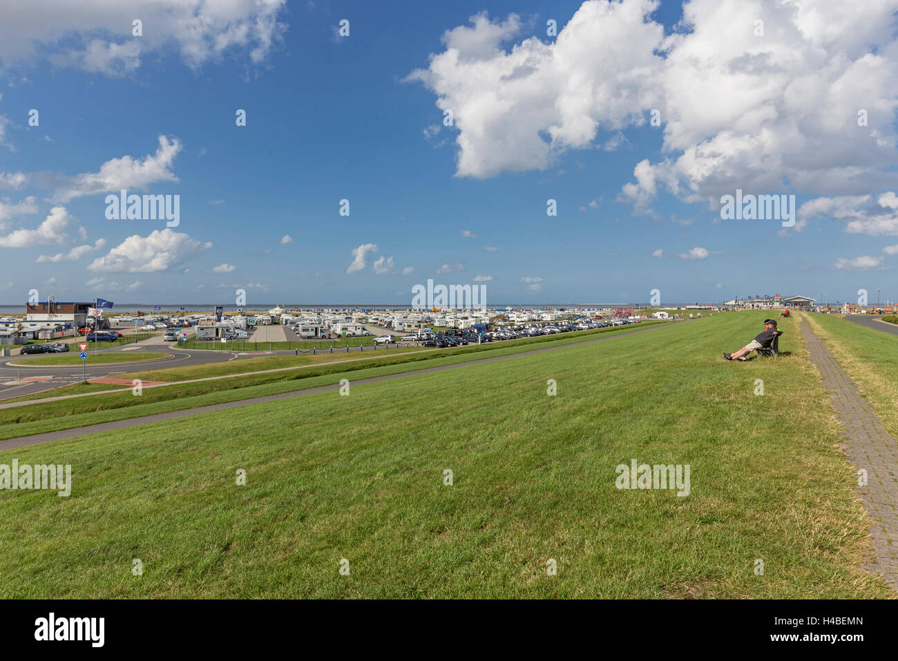 View from the dyke on the camping site of Harlesiel, Stock Photo