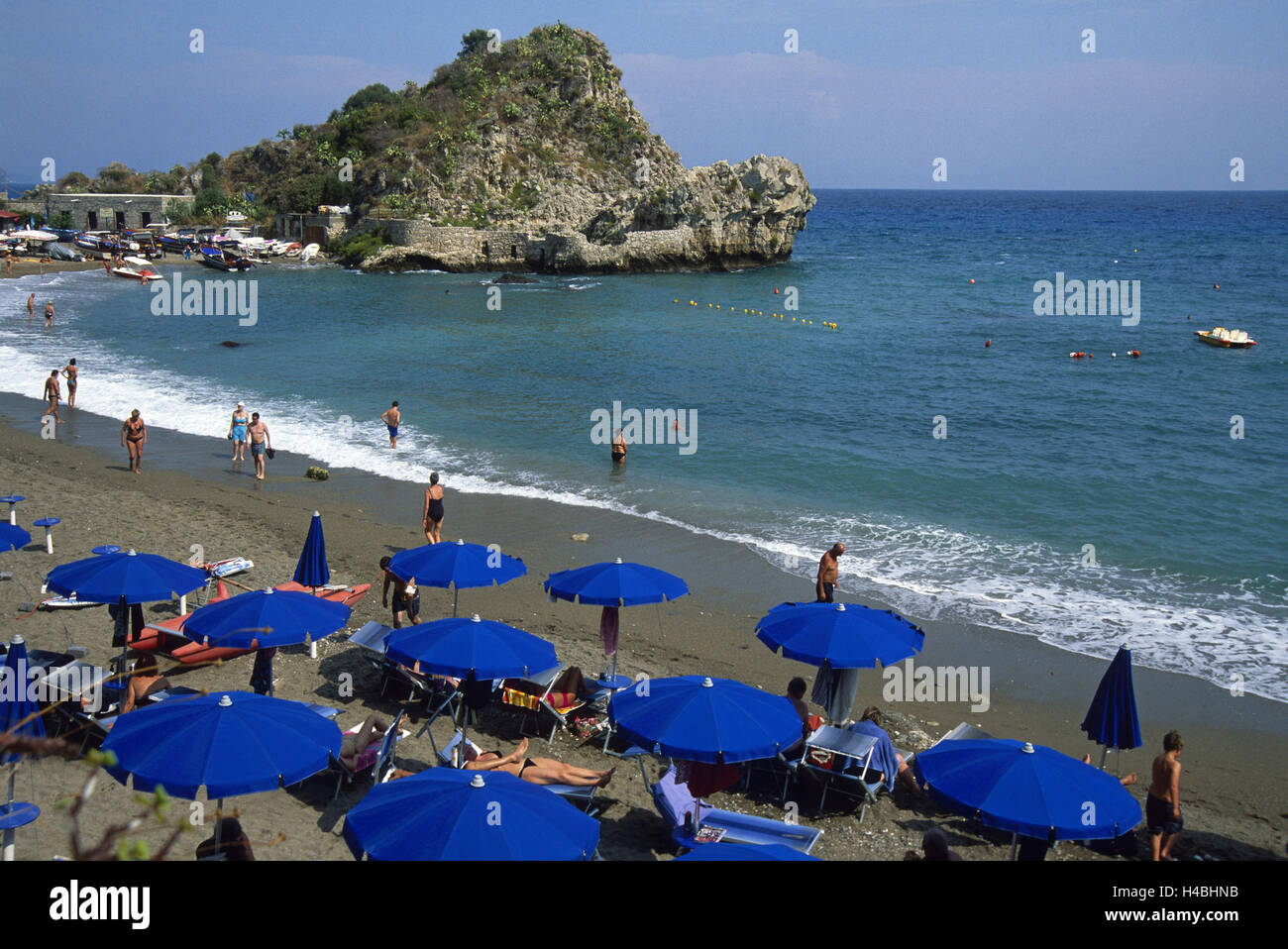 Italy, Sicily, Mazzaro, beach, sunshades, sea, rock, Stock Photo