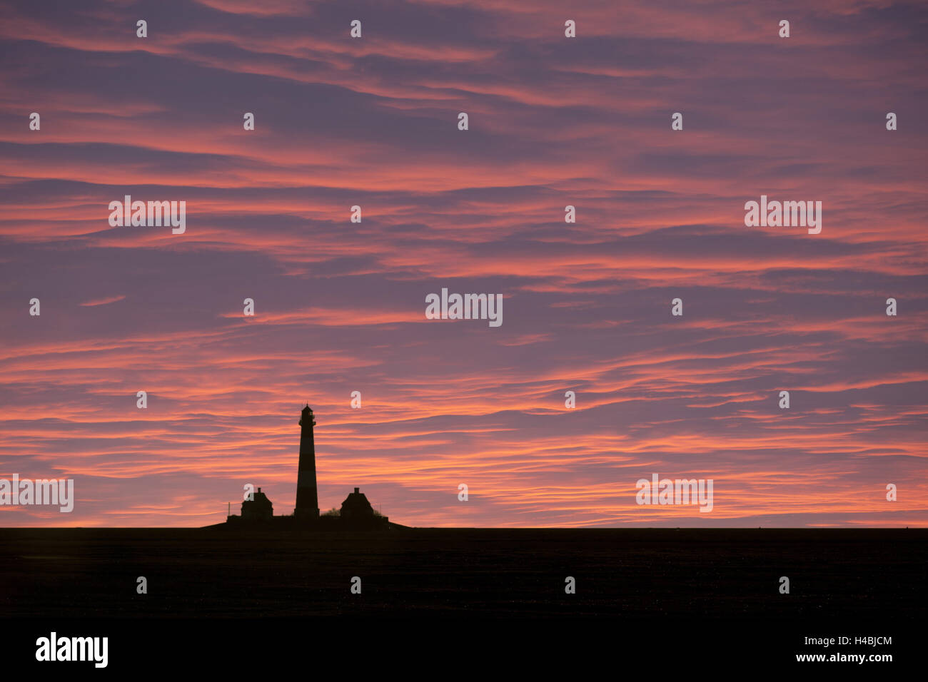 Germany, Schleswig - Holstein, peninsula Eiderstedt, lighthouse Westerhever, silhouette, evening tuning, [M], Stock Photo