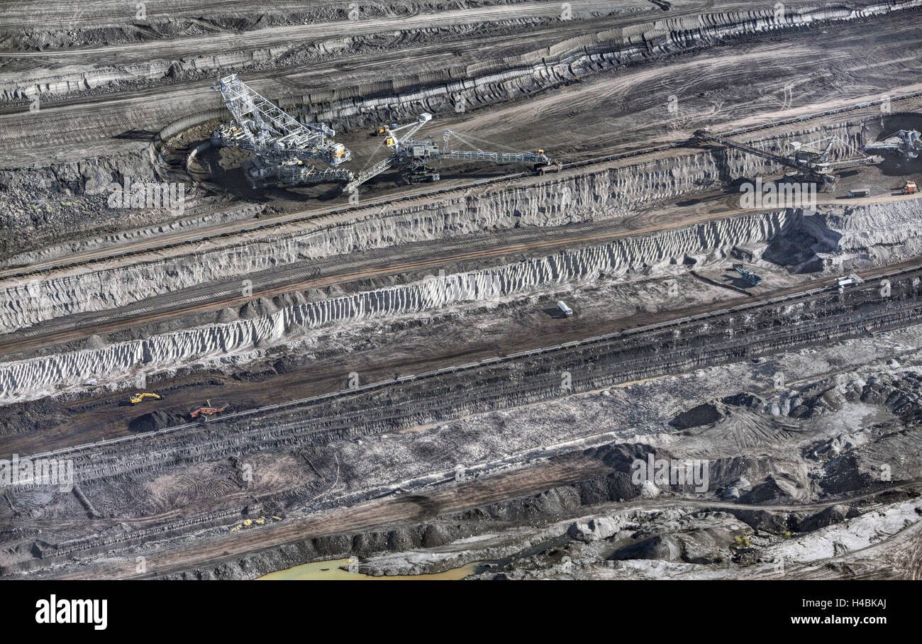Brown coal opencast mining, power station, mine, excavator, aerial shot, Stock Photo