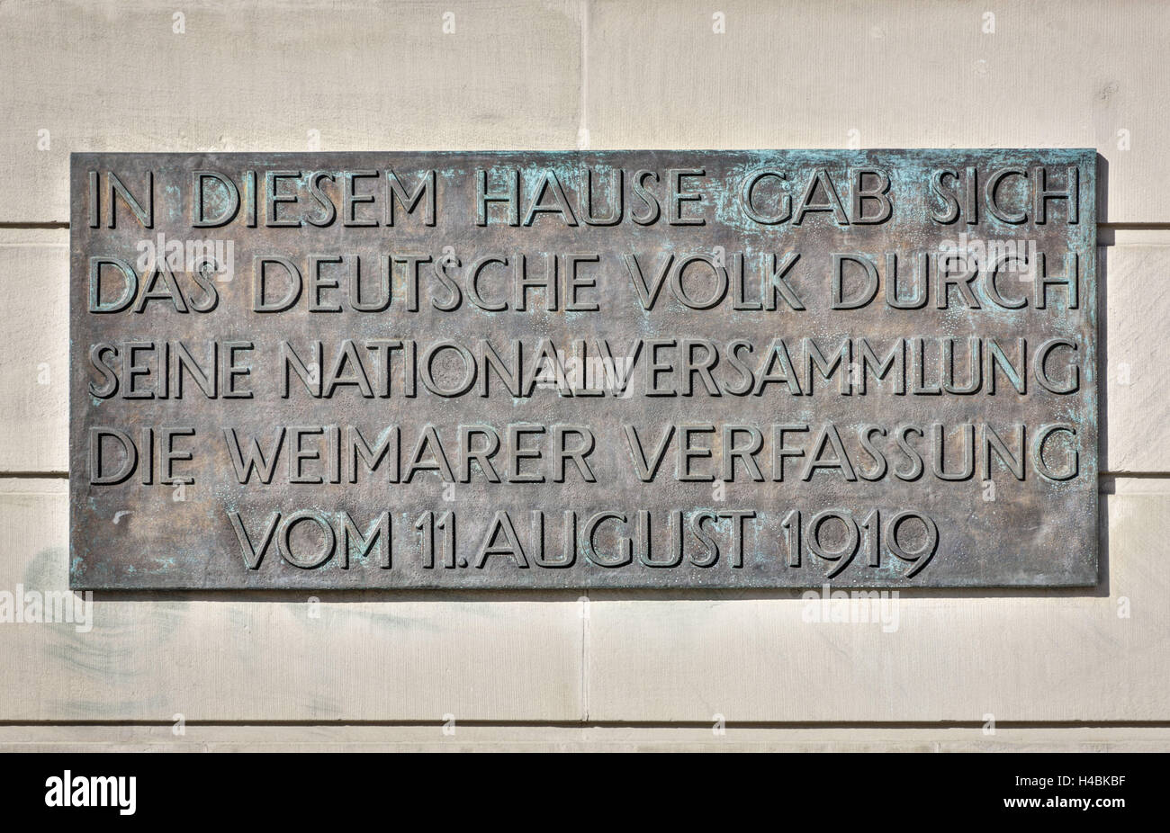 Germany, Thuringia, Weimar, commemorative plaque of the Weimar Constitution, Stock Photo