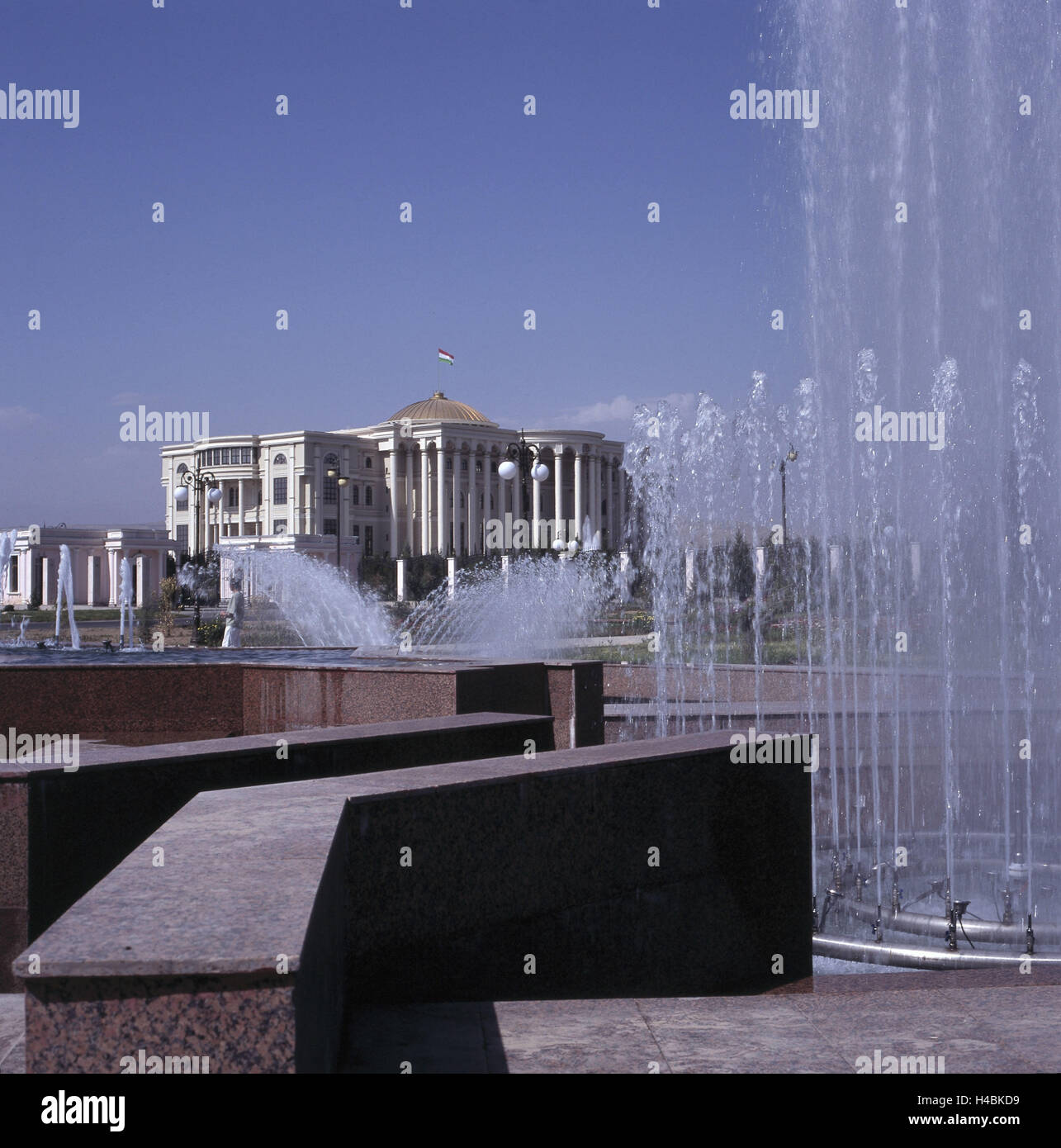 Tajikistan, Duschanbe, Rudaki Park, trick fountains, government buildings, Stock Photo