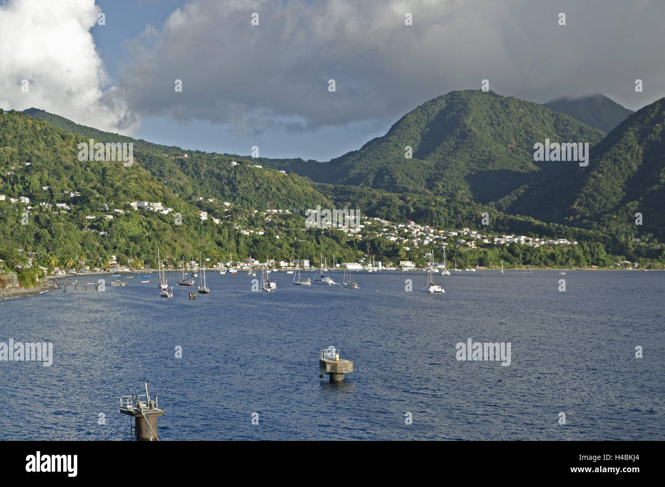 The Caribbean, Dominica, Roseau, sea bay, boats, townscape, Stock Photo