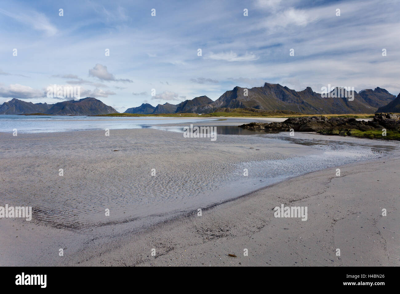 Sand, beach, coast, mountains, sea, Moskenesoya, Lofoten, Norway, the Arctic Stock Photo