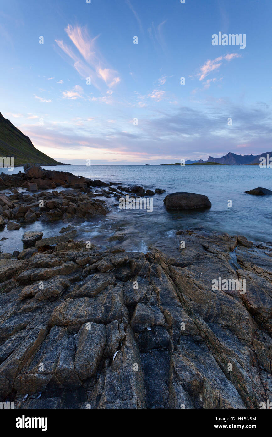 Sundown, beach, stones, rocks, coast, mountains, sea, Moskenesoya, Lofoten Stock Photo