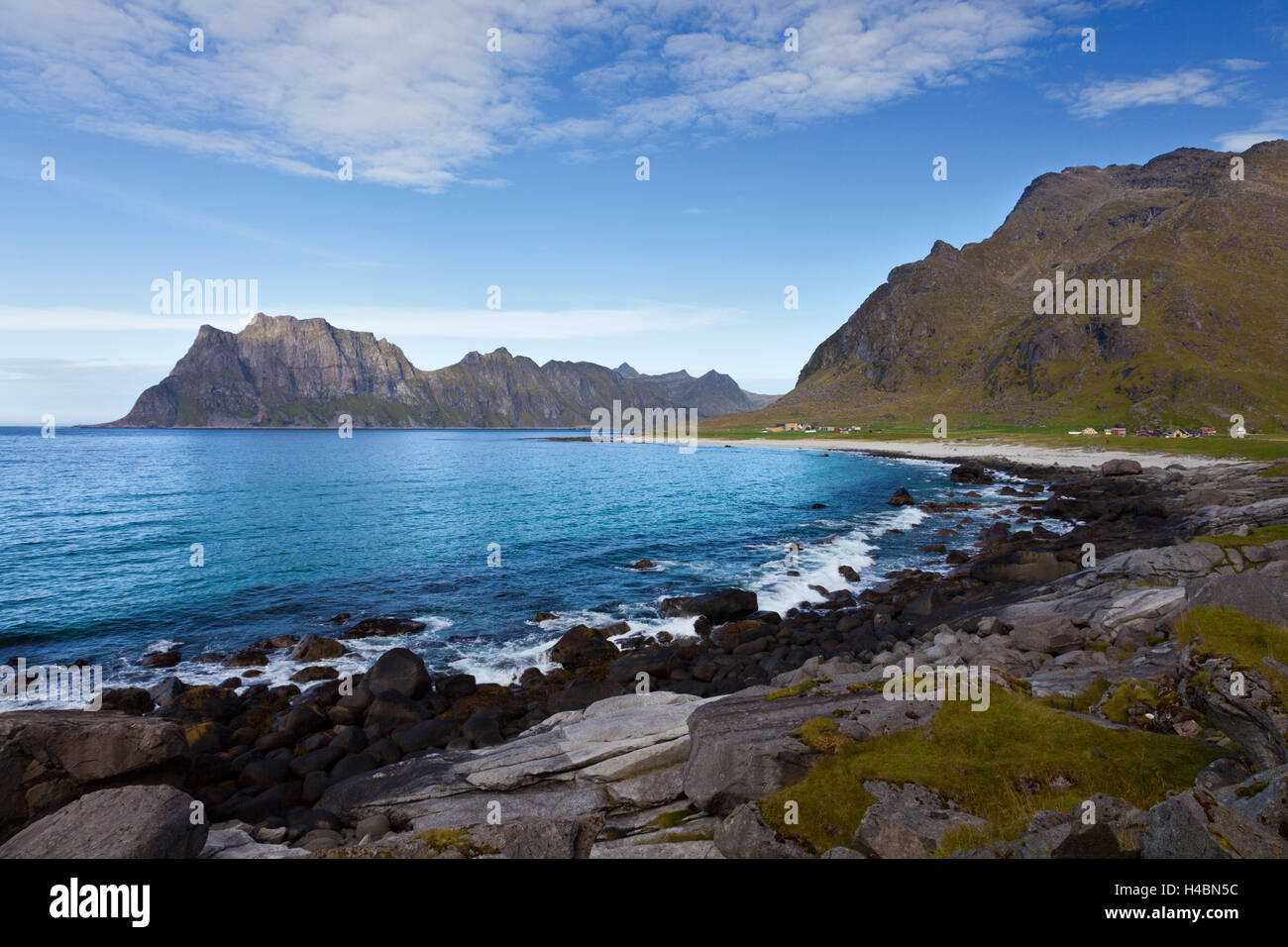 Utakleiv, beach, bay, stones, mountains, Lofoten, Norway, summer, the Arctic Stock Photo