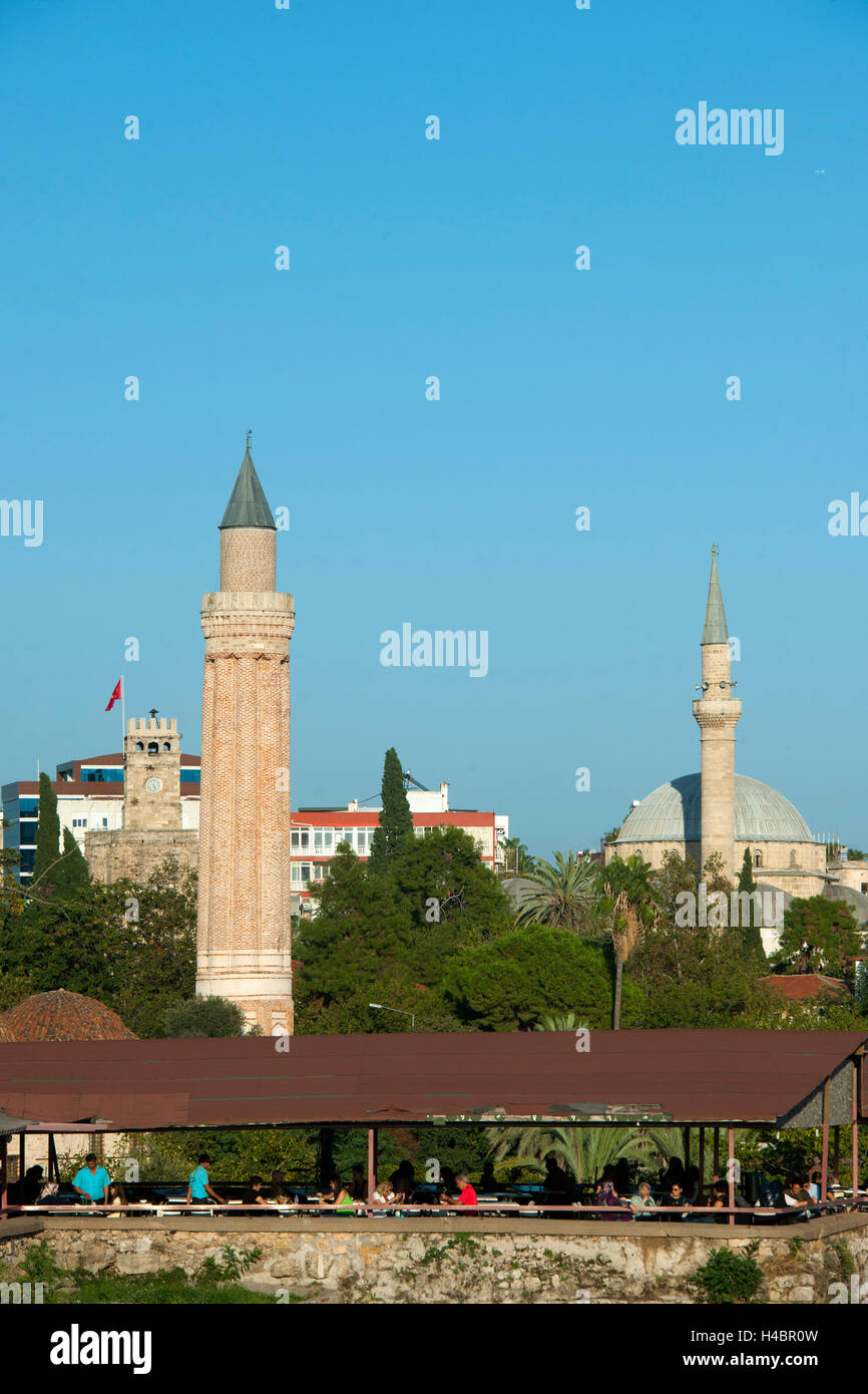 Turkey, Antalya, Old Town, view about the Tophane-Caybahcesi to the clock tower, the Yivli Minare and the Tekeli Mehmet Pasa Moschee Stock Photo