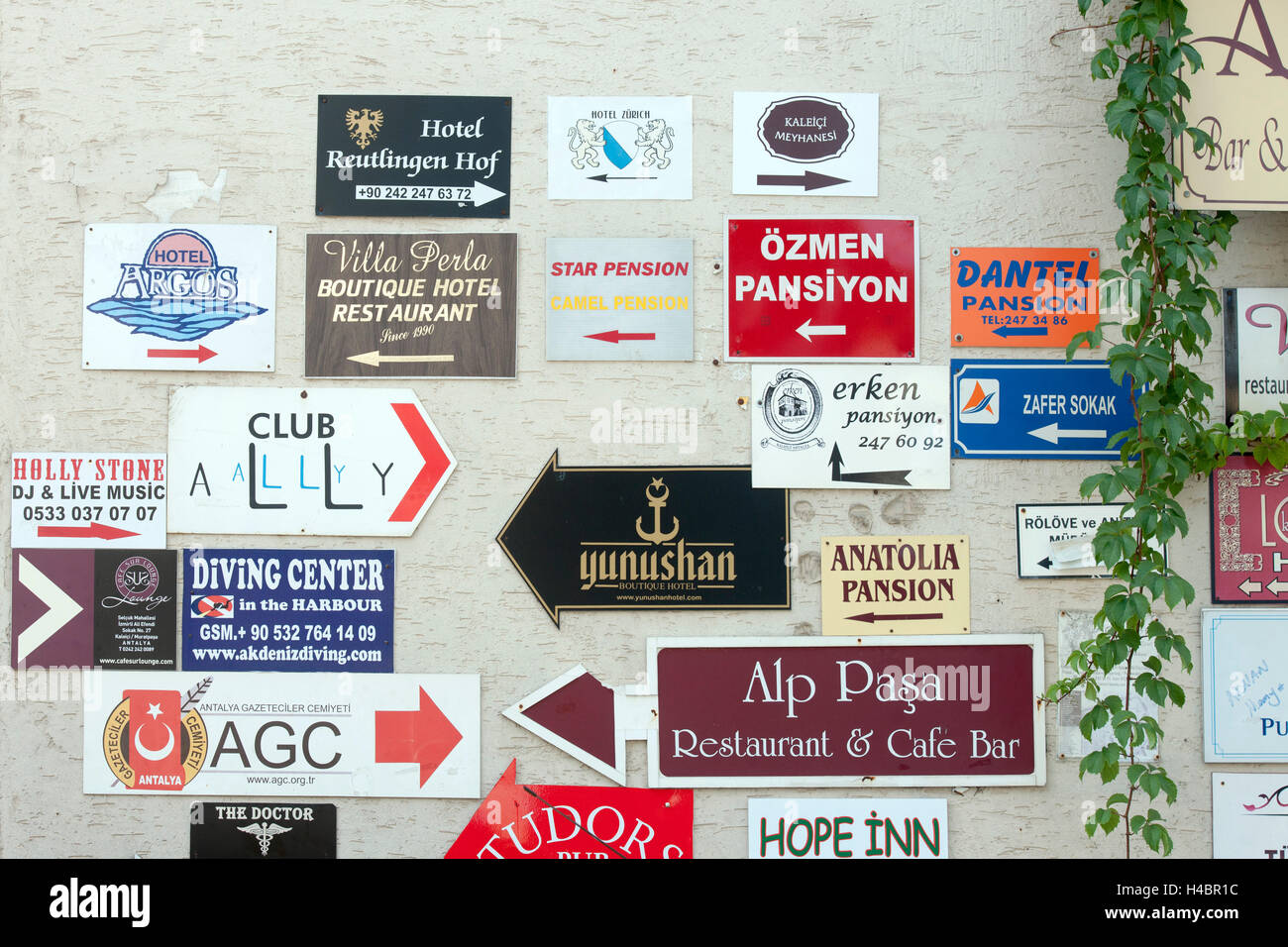 Turkey, Antalya, Old Town, signs to boarding houses Stock Photo Alamy