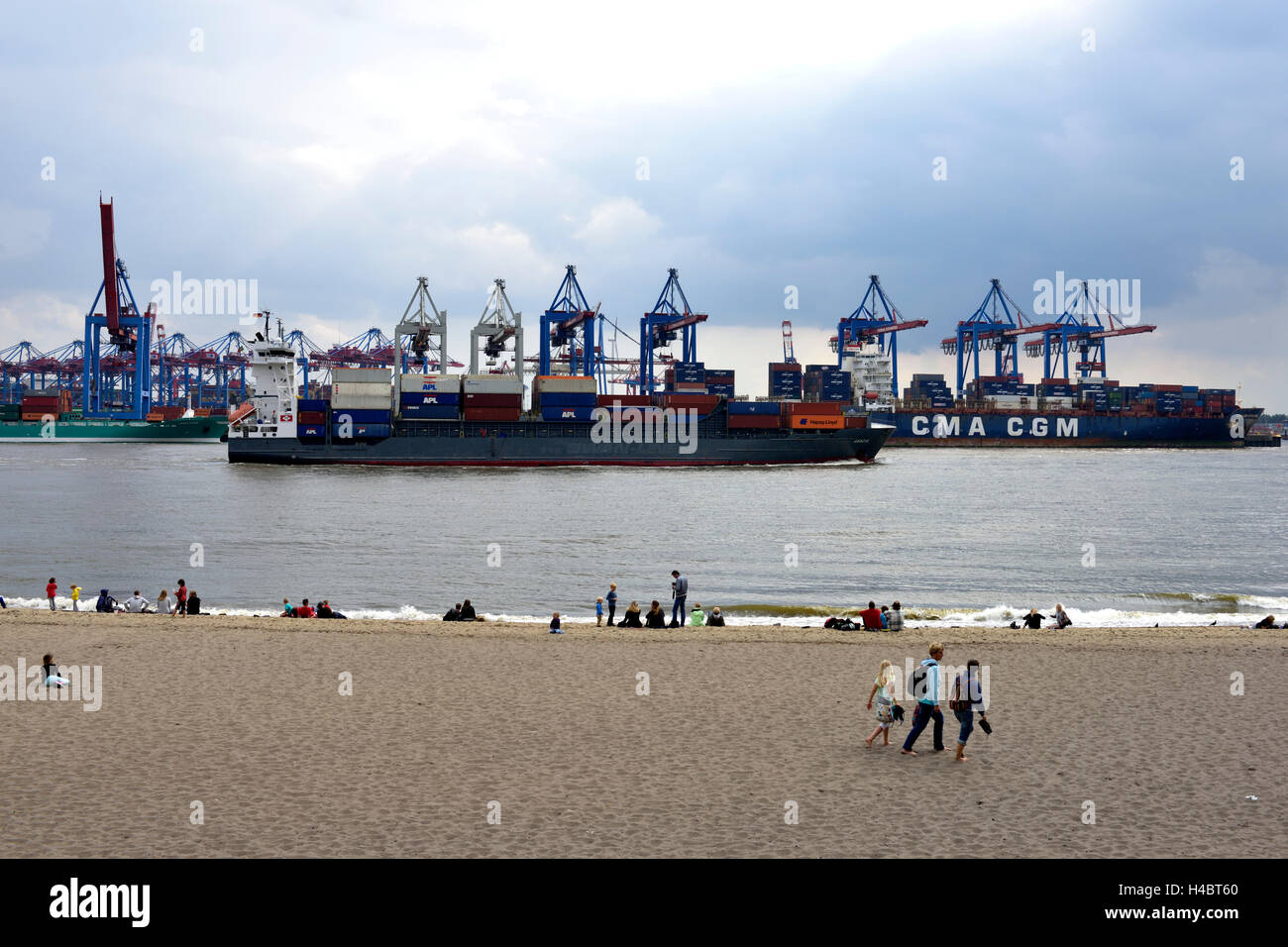 Elbe beach with dock grounds and cranes in the background in the ...