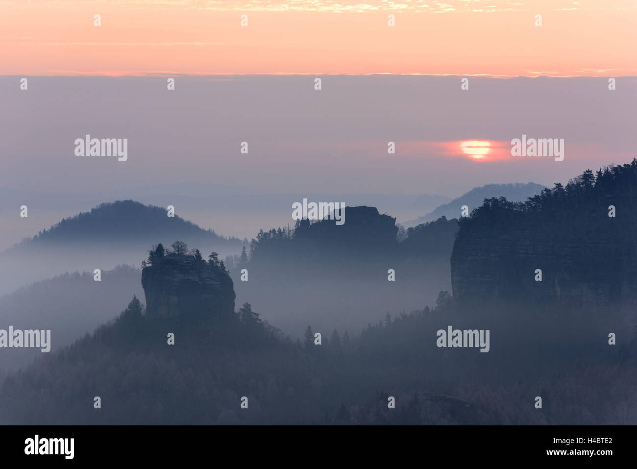 Sunrise, Winterstein, Zschand, fog, Saxon Switzerland, low mountain range, Germany Stock Photo