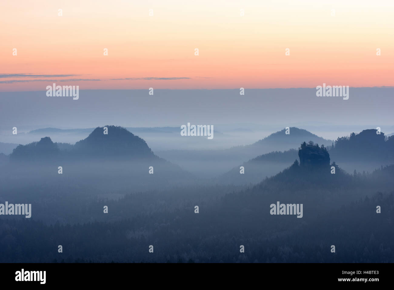 Sunrise, Winterstein, Zschand, fog, Saxon Switzerland, low mountain range, Germany Stock Photo