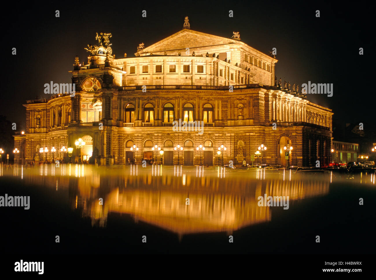Baroque Semperoper, Theatre Square, Dresden, evening atmosphere, reflection, Stock Photo