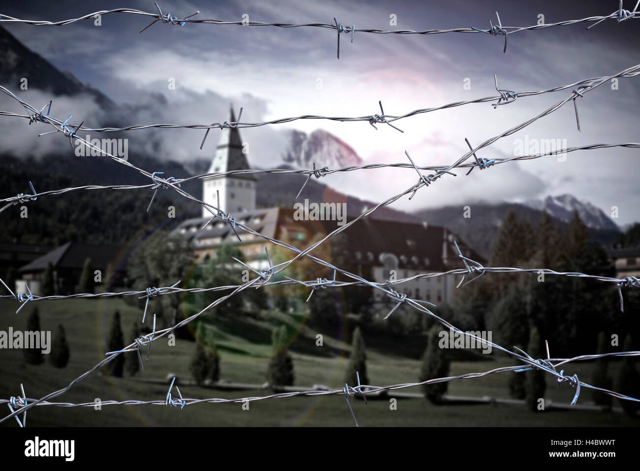 Schloss Elmau outside, G7 summit, barbed wire Stock Photo