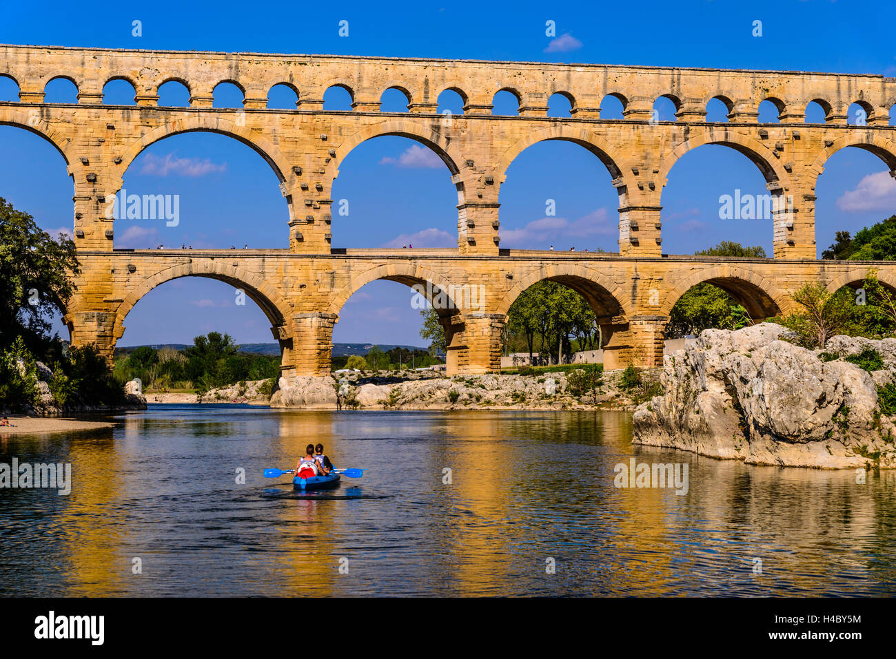 France, Languedoc-Roussillon, Gard, Vers-Pont-du-Gard, river Gardon,  Pont du Gard Stock Photo