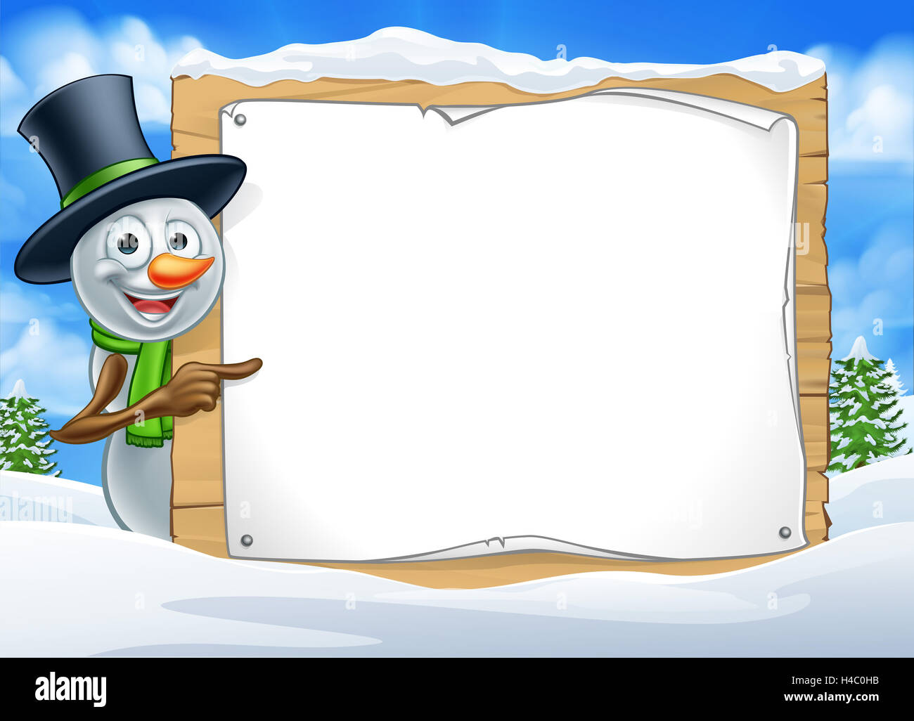 A Happy Christmas Snowman Cartoon Character In A Winter Scene Peeking Around Pointing At A Sign Stock Photo Alamy