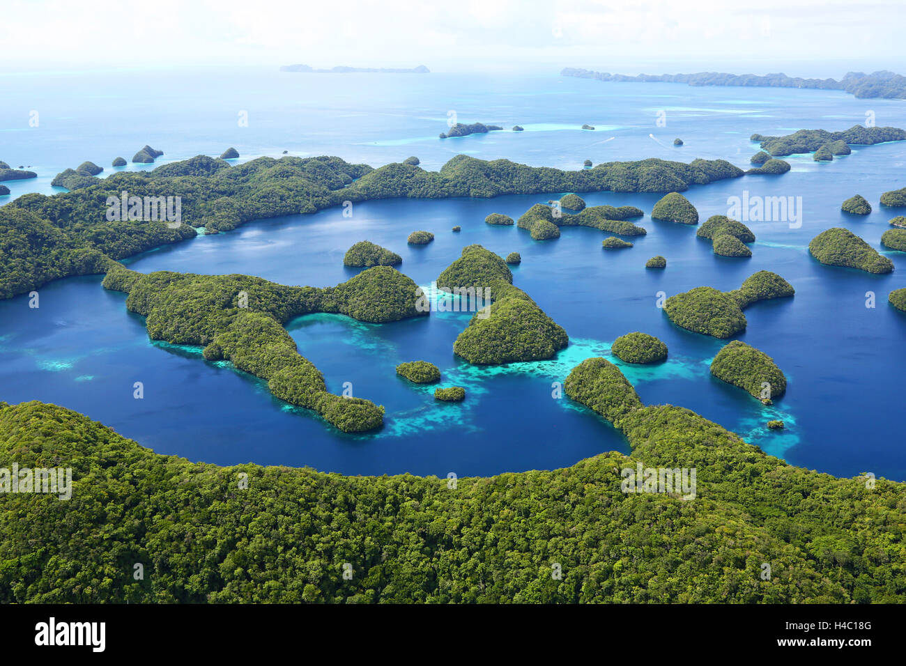 Aerial view of islands in the Archipelago of Palau, Republic of Palau, Micronesia, Pacific Ocean Stock Photo