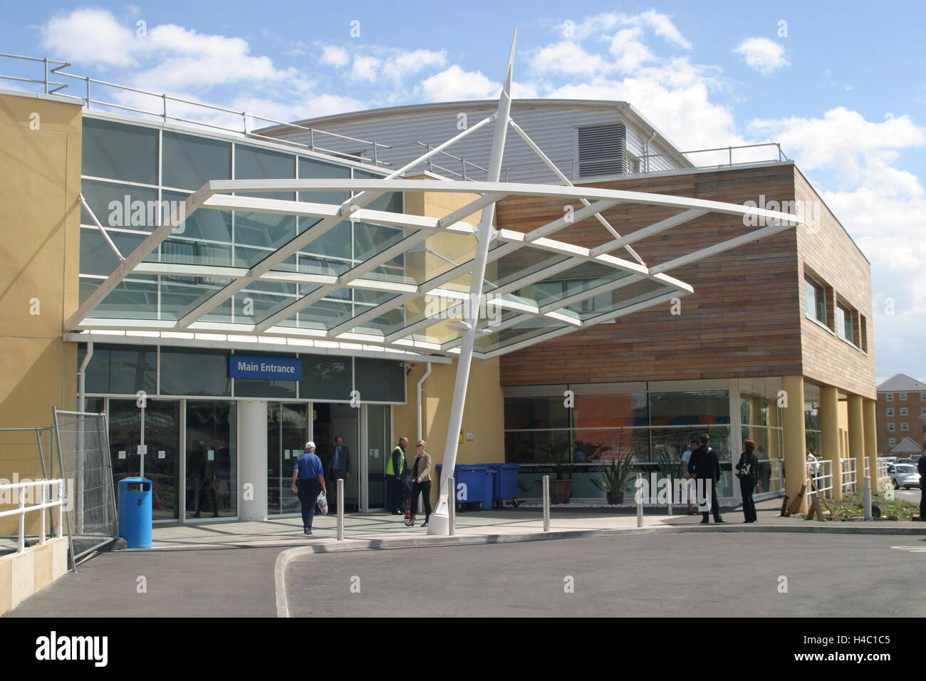 Entrance to the newly rebuilt West Middlesex Hospital in Isleworth, West London, UK. Shows