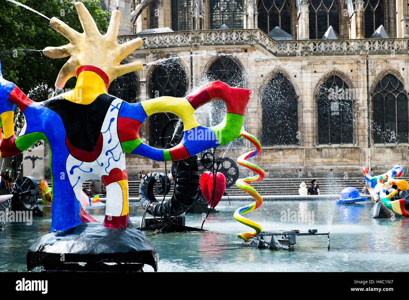 Stravinsky Fountain created in 1983 by sculptors Jean Tinguely and Jean Tinguely, located on Place Stravinsky, next to the Centre Pompidou, Paris, France Stock Photo