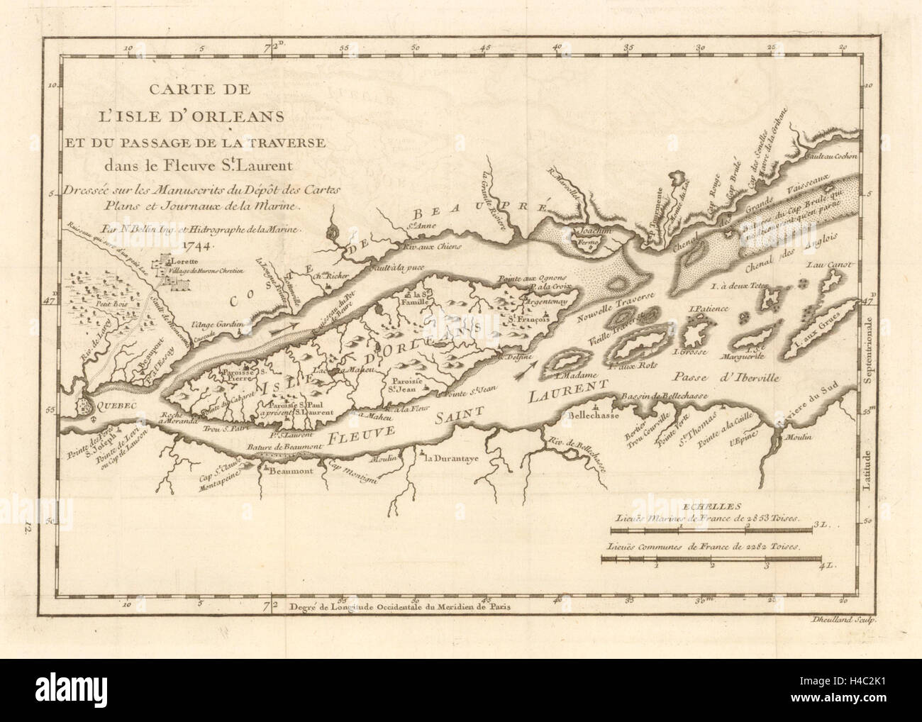 'Carte de l'Isle d'Orleans… dans le fleuve St. Laurent' BELLIN. Quebec 1744 map Stock Photo