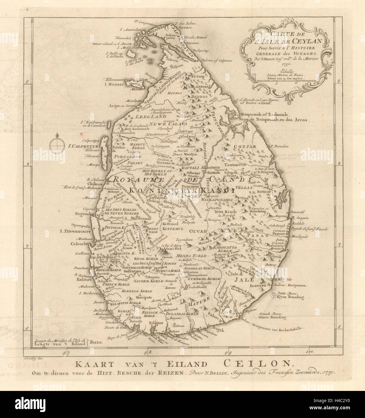 'Carte de L'Isle de Ceylan' by BELLIN/SCHLEY. Sri Lanka Ceylon 1750 old