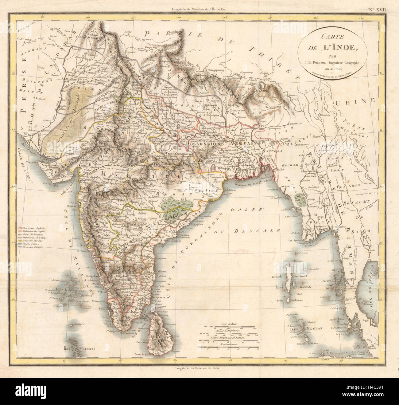 'Carte de L'Inde' by J.B. Poirson. British India & Burma 1803 old antique map Stock Photo