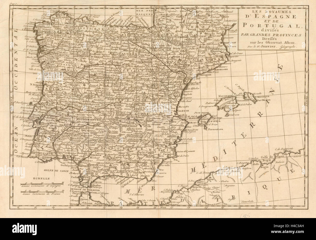 'Les Royaumes d'Espagne et de Portugal…' by Jean Janvier. Spain Iberia c1762 map Stock Photo