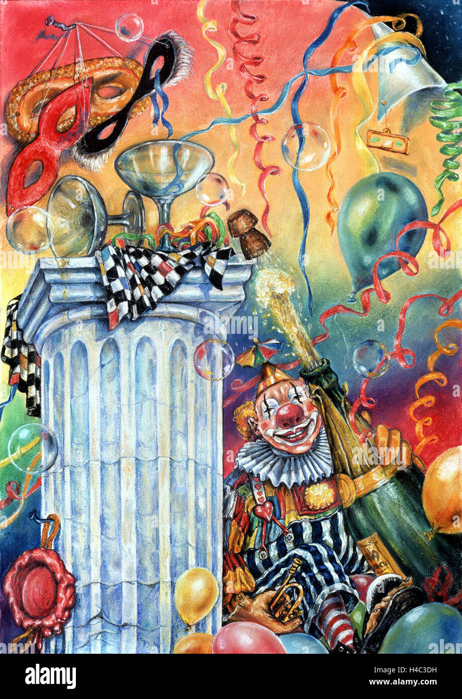 Clown with antique pillar and popping champagne cork Stock Photo