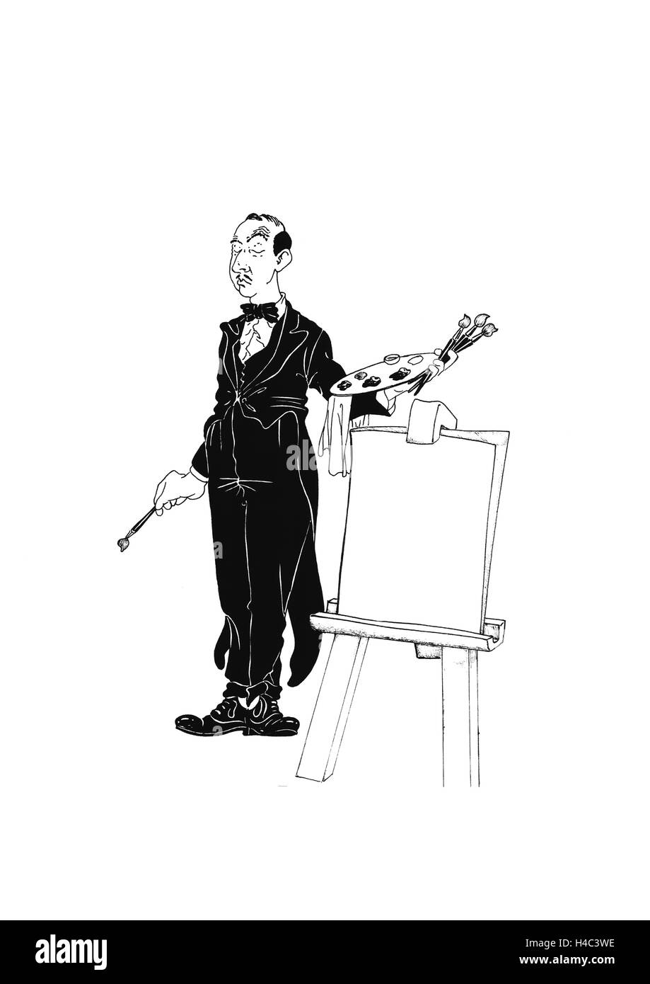 Waiter with easel, paint and brush Stock Photo