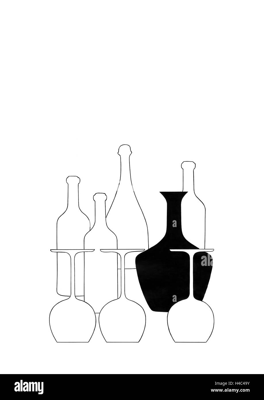 Red wine bottles and white wine bottles with glass carafe Stock Photo