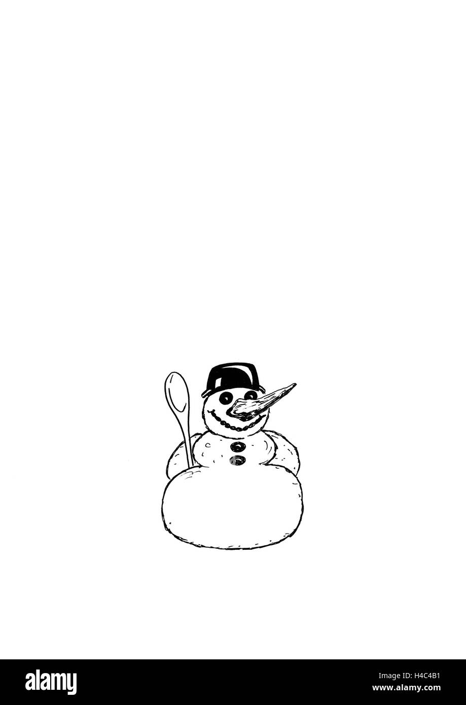 Snowman with cooking pot and wooden spoon Stock Photo