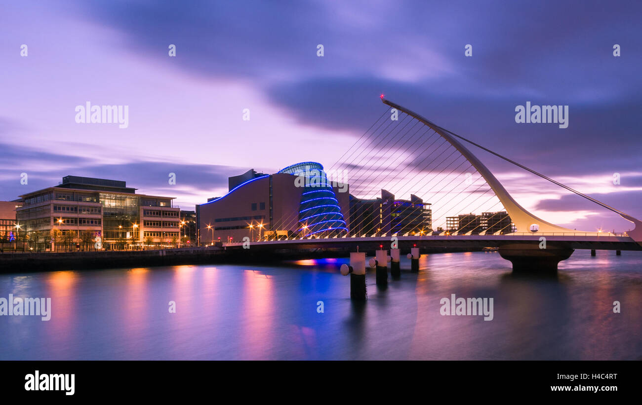 sunrise on samuel beckett bridge in dublin ireland stock photo