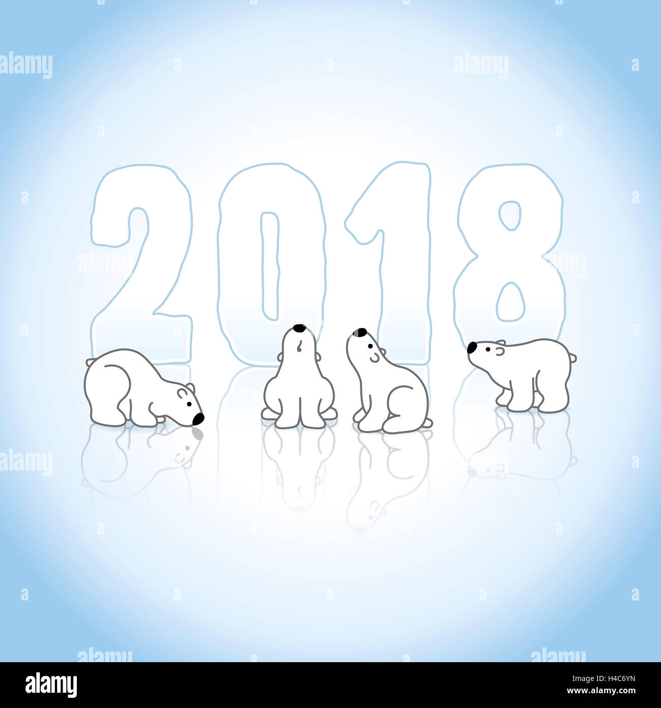 Four Cute Polar Bears and New Year 2018 with Reflections on an Ice Blue Cold Background Stock Photo