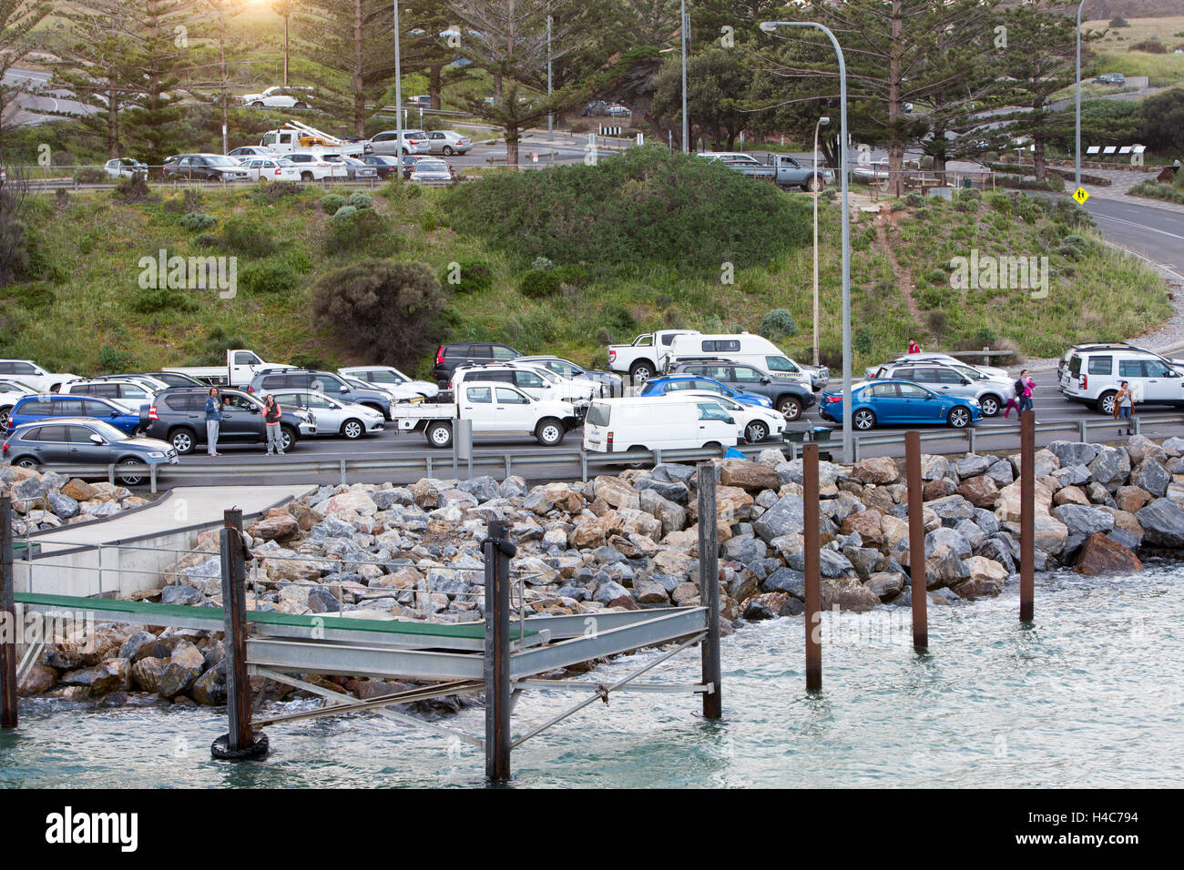 Cars and drivers at Cape Jervis Adelaide waiting to board sealink ferry to kangaroo island,south australia Stock Photo