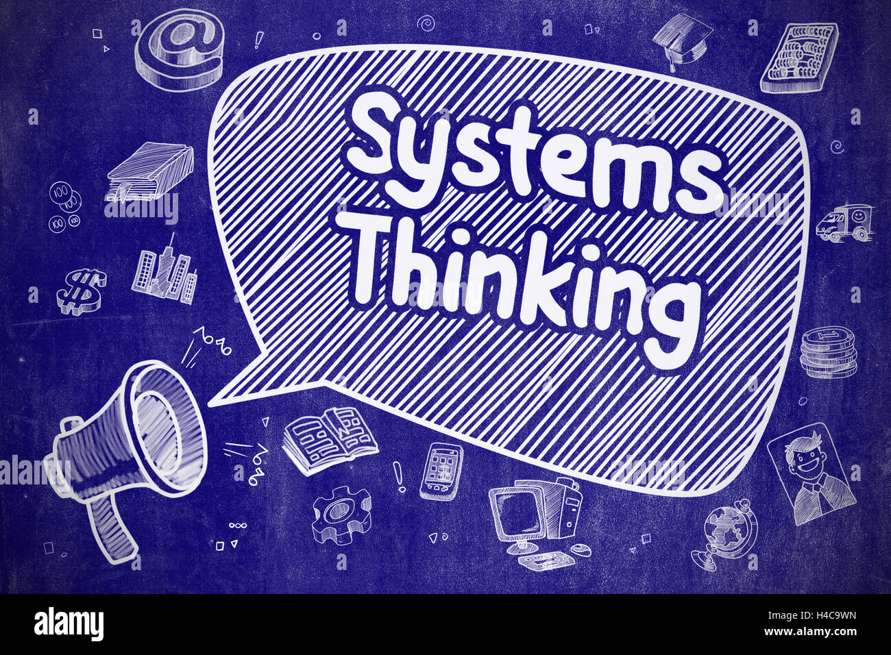 Systems Thinking - Cartoon Illustration on Blue Chalkboard. Stock Photo
