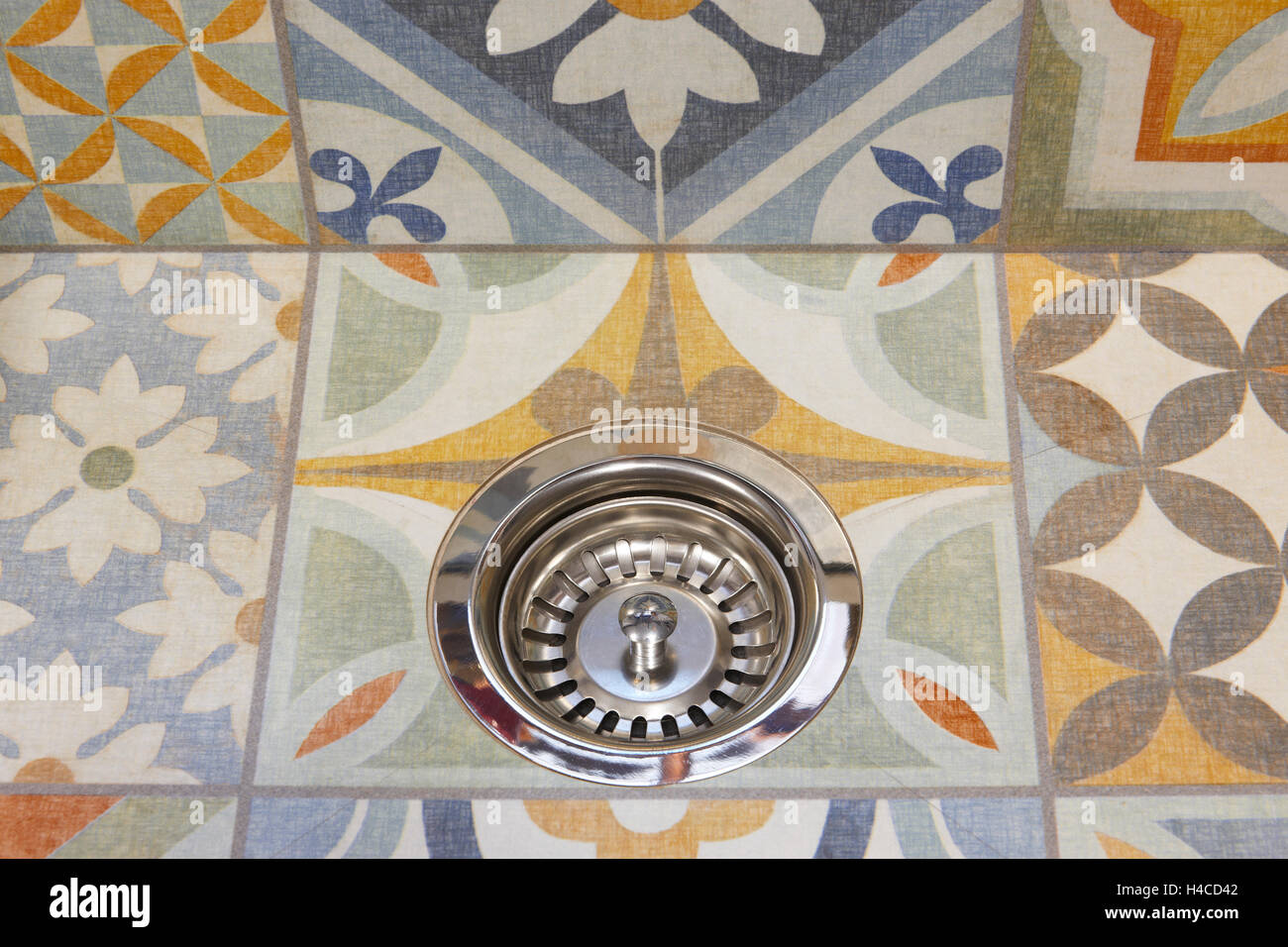 Drain detail in a decorated plastic dishwasher. Horizontal Stock Photo