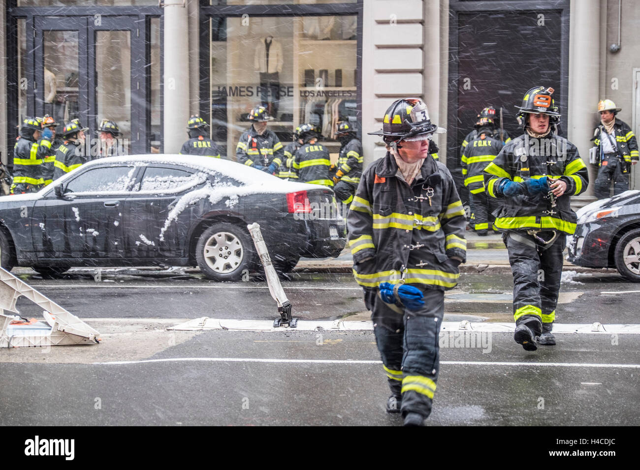 Fire brigade and police entry with an emergency in New York Stock Photo