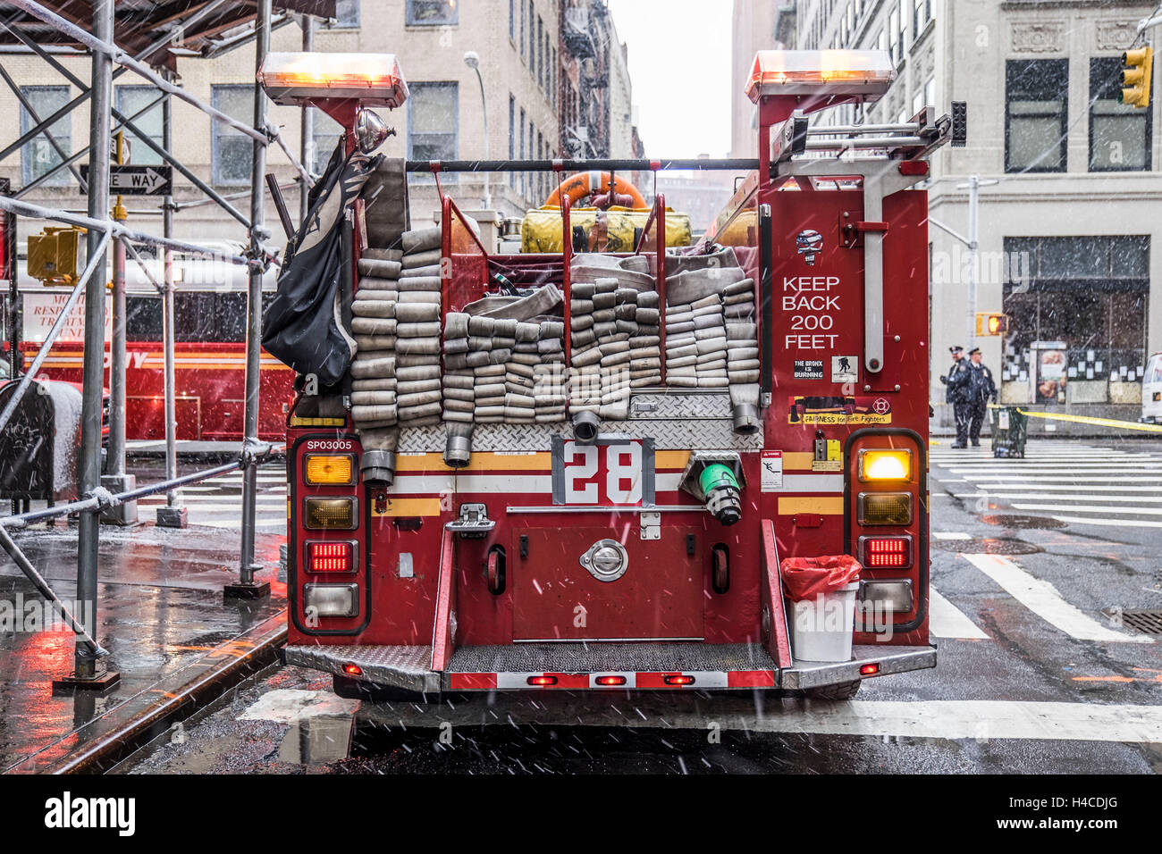 Fire brigade and police entry with an emergency in New York Stock Photo