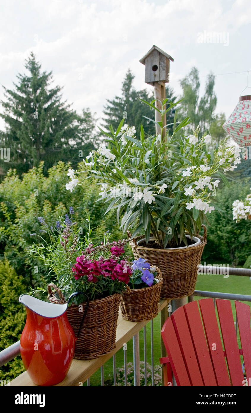 wooden chair, balcony, bird house Stock Photo Alamy