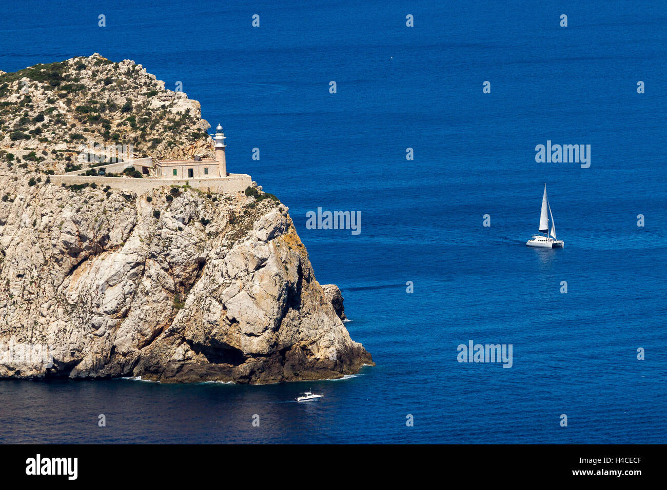Lighthouse on the north point the island Sat. Dragonera, close Majorca, the Balearic Islands, Spain, Europe Stock Photo