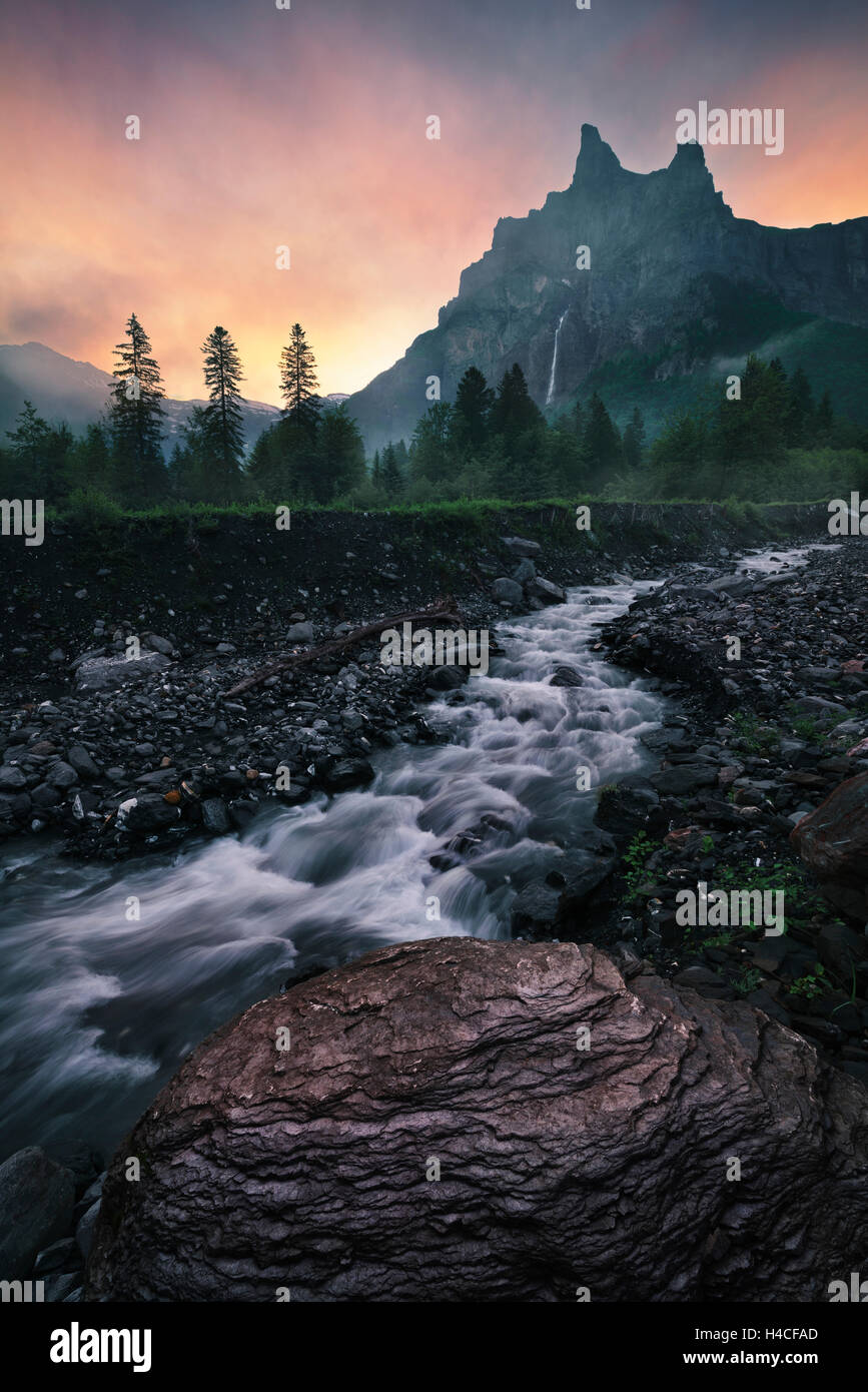 Alps, brook, mountains, flowers, trees, gloomy, fantasy, Stock Photo