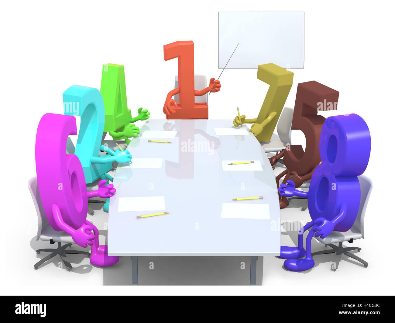 many 3d numbers meeting around the table and follow their boss, the number one, 3d illustration Stock Photo