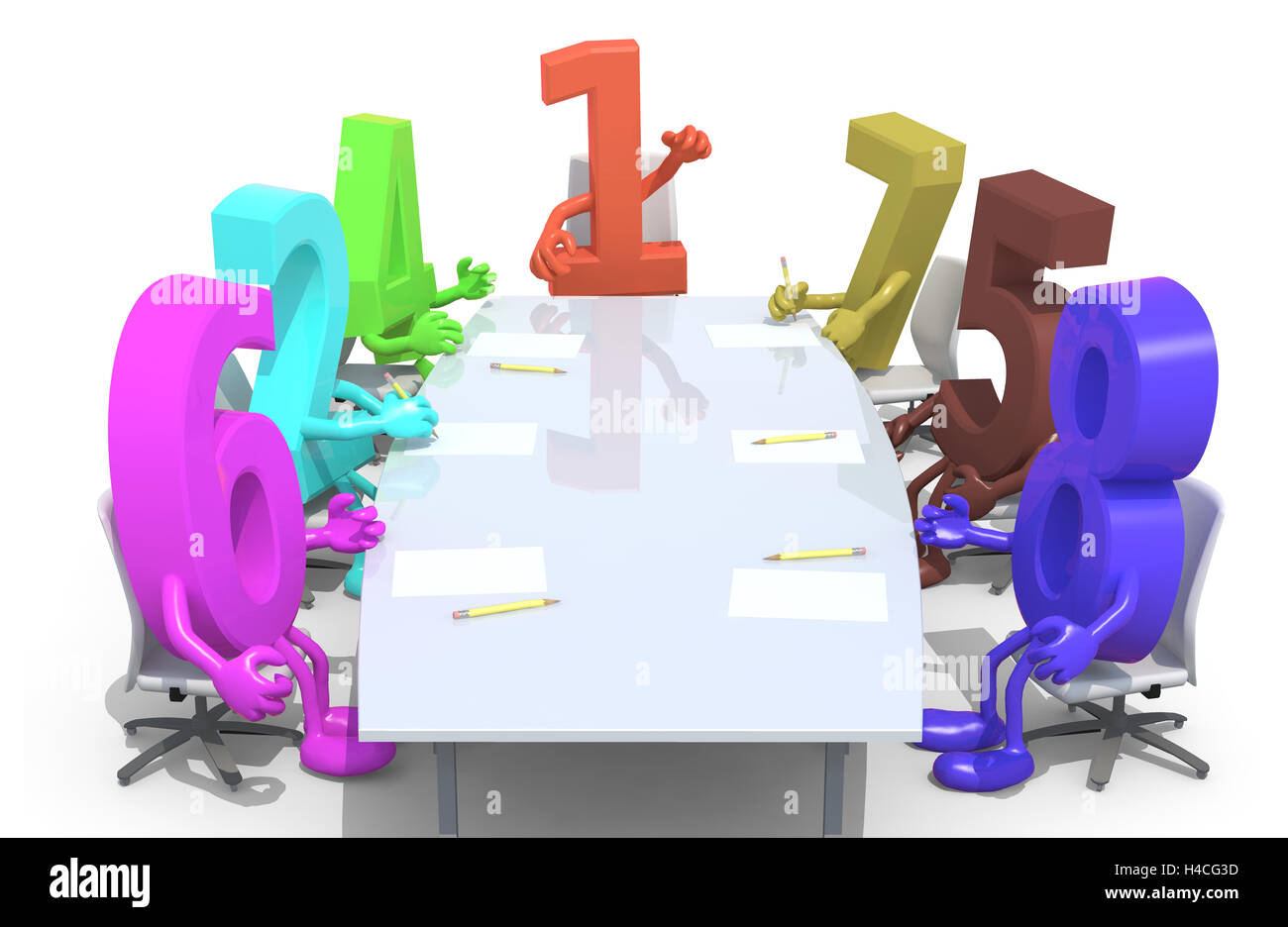 many 3d numbers meeting around the table and follow their boss, the number one, 3d illustration Stock Photo